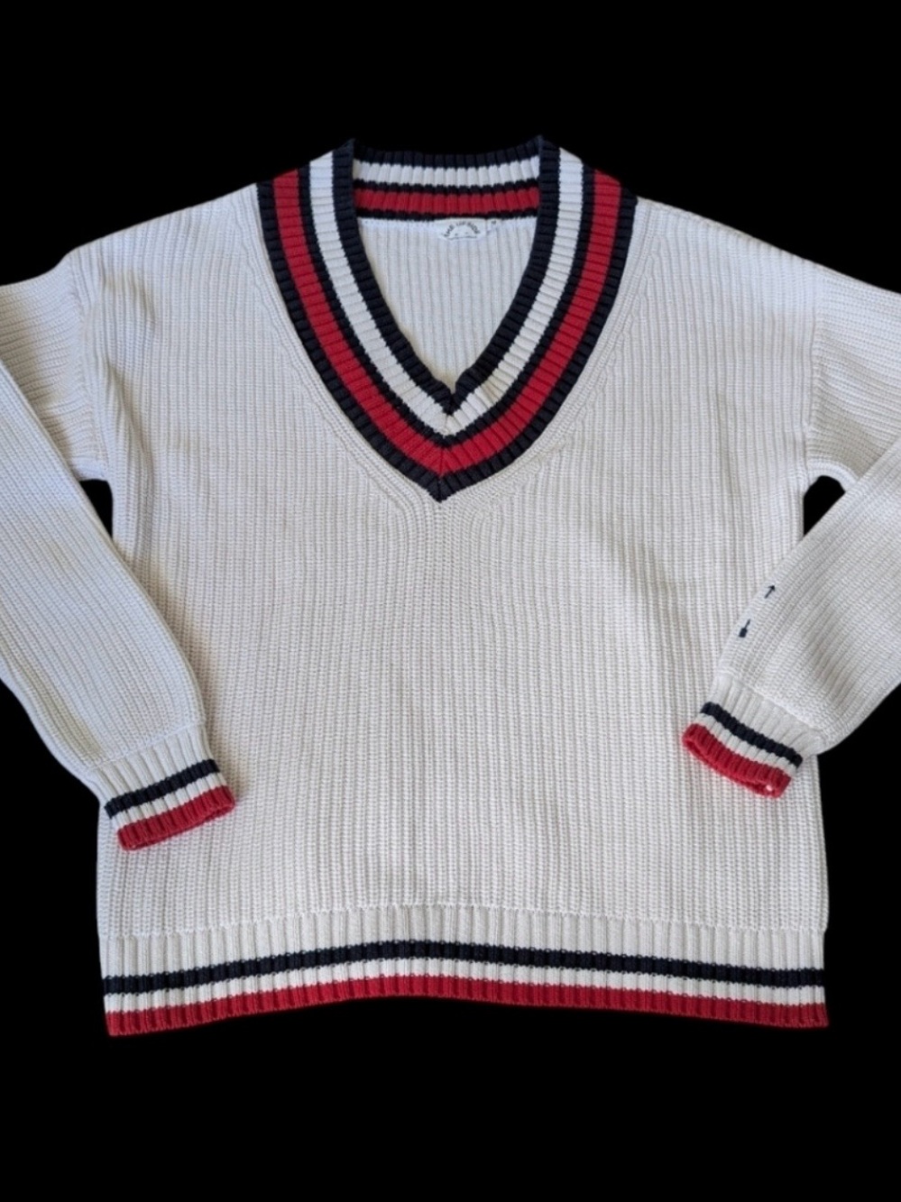 The Upside Palmer Louie White V-Neck Sweater with Red & Navy Trim Aussie made